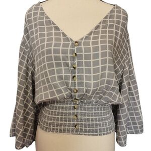 Japna V-Neck Bell Sleeve Button Front Lightweight Blouse Grey/White - Sz L